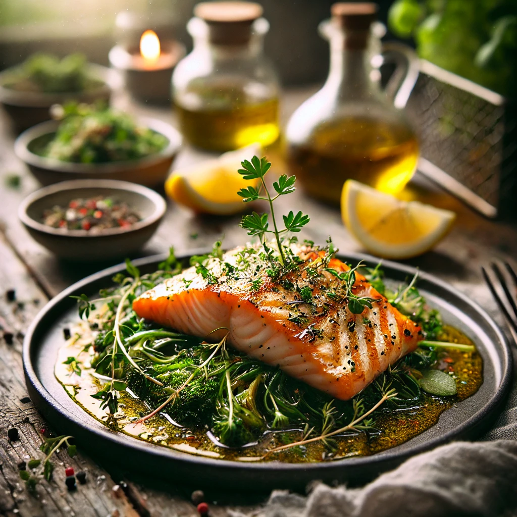 Gegrilde visfilet met een licht krokante korst, gekruid met verse kruiden zoals peterselie en dille, geserveerd met citroenschijfjes en gegrilde groenten op een rustieke houten tafel.