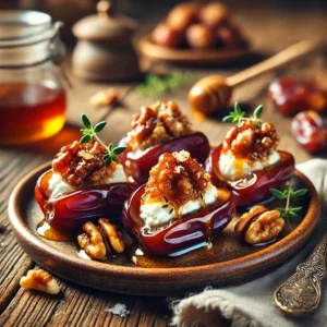 Luxe gevulde dadels met romige geitenkaas, gehakte walnoten en amandelen, licht besprenkeld met honing en gegarneerd met verse tijm, geserveerd op een rustieke houten tafel.