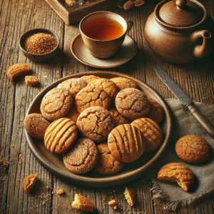 Een rustieke oude houten tafel met een bord Gingernuts koekjes, goudbruin, rond en licht gebarsten. De koekjes zijn bestrooid met suiker en enkele zijn opengebroken om hun knapperige textuur te tonen. Er staat een kopje thee naast voor een gezellig moment.