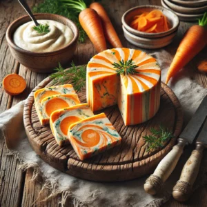 Een rustieke houten tafel met plakjes kleurrijke groentemousse van wortel en pastinaak, geserveerd met romige Roquefort-kaassaus en verse kruiden, sfeervol gepresenteerd in natuurlijk licht.