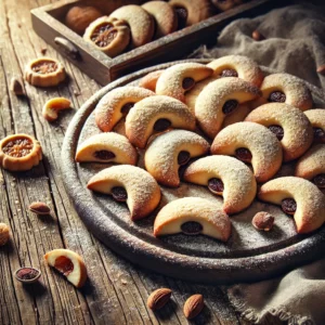 Een rustieke houten tafel met goudbruine, halvemaanvormige koekjes, licht bestoven met poedersuiker. Enkele koekjes zijn opengebroken om de vulling te tonen, wat een huiselijke en feestelijke sfeer geeft.