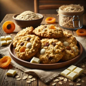 Een rustieke oude houten tafel met een bord havermoutkoekjes gevuld met stukjes witte chocolade en gedroogde abrikoos. De koekjes zijn goudbruin, stevig en ambachtelijk, met losse stukjes chocolade en abrikoos ernaast ter decoratie.
