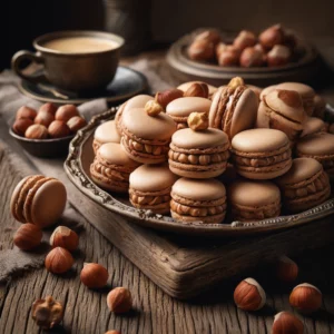 Een rustieke oude houten tafel met een bord hazelnootmakarons, lichtbruin van kleur met een romige hazelnootvulling ertussen. Rondom liggen enkele gekraakte hazelnoten voor een ambachtelijke uitstraling.
