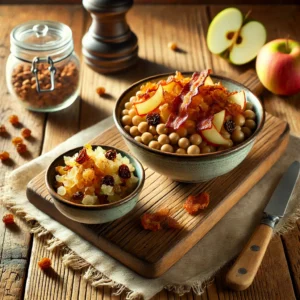 Kapucijnerschotel met knapperige spekreepjes, uien en een frisse appelrelish op een rustieke houten tafel.