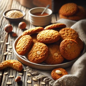 Een rustieke oude houten tafel met een stapel knapperige ANZAC-koeken, goudbruin en rond van vorm met zichtbare havervlokken en stukjes macadamianoot. Sommige koekjes zijn gebroken om de textuur te tonen.