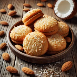 Een rustieke oude houten tafel met een bord kokos-amandelmakarons, goudbruin aan de randen met een ruwe, ambachtelijke textuur van geraspte kokos en fijngemalen amandelen. Er liggen wat amandelen en kokosvlokken los op tafel voor decoratie.