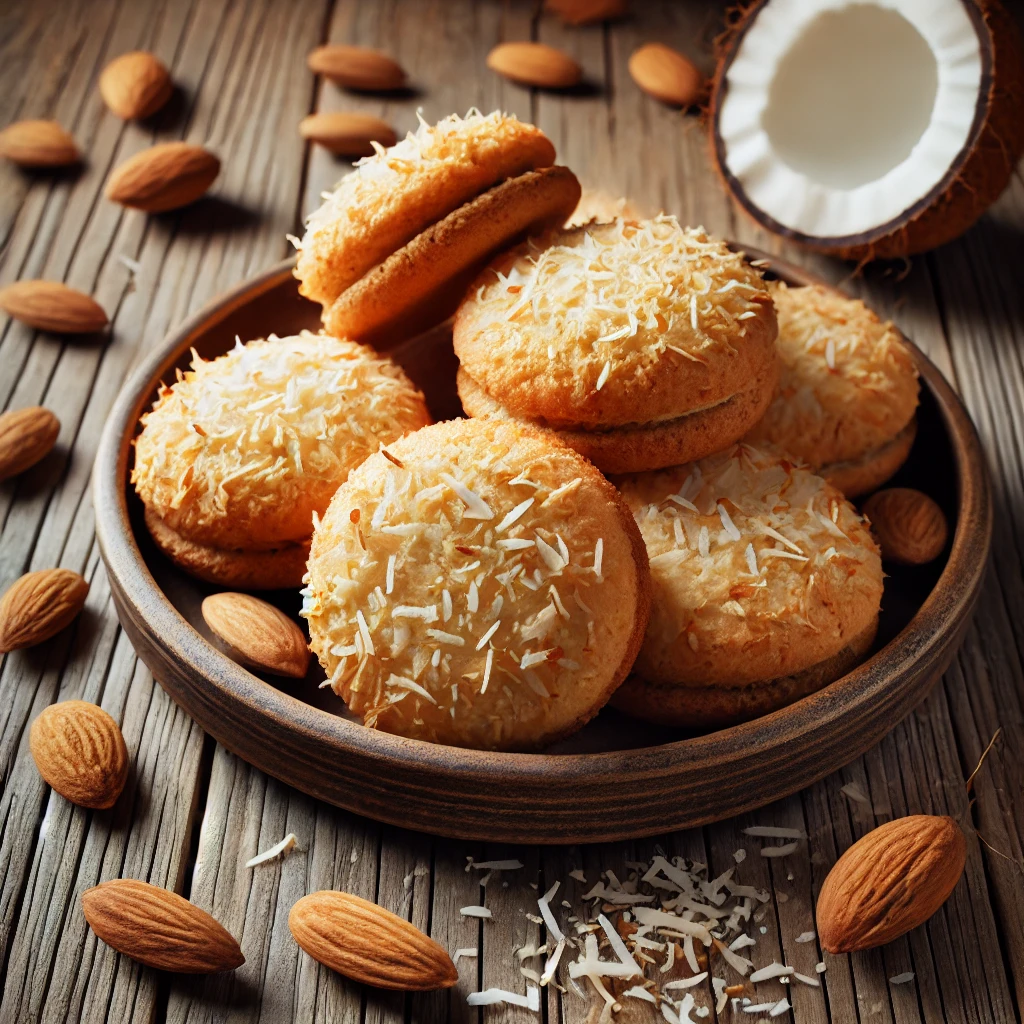 Een rustieke oude houten tafel met een bord kokos-amandelmakarons, goudbruin aan de randen met een ruwe, ambachtelijke textuur van geraspte kokos en fijngemalen amandelen. Er liggen wat amandelen en kokosvlokken los op tafel voor decoratie.