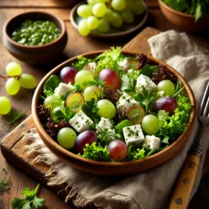 Een kleurrijke salade met geitenkaas, groene en rode druiven, verse kruiden en een vinaigrette, geserveerd in een keramische kom op een rustieke houten tafel met een houten vork ernaast.