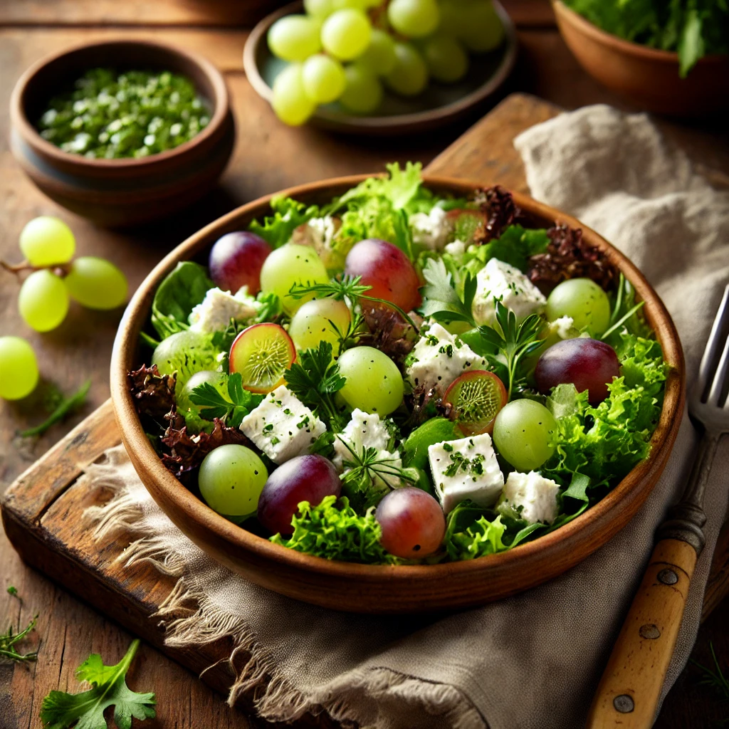 Een kleurrijke salade met geitenkaas, groene en rode druiven, verse kruiden en een vinaigrette, geserveerd in een keramische kom op een rustieke houten tafel met een houten vork ernaast.
