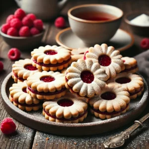 Knapperige Linzer koekjes met poedersuiker en frambozenjam in het midden, op een rustieke bakplaat.