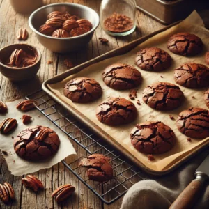 Luchtige chocoladekoekjes met gebarsten bovenkant en pecannoten op een rustieke tafel.