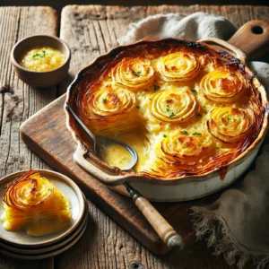 Een gratin van pastinaak en aardappel op een rustieke houten tafel, goudbruin gebakken met een krokante kaaslaag en geserveerd in een keramische ovenschaal met een portie op een bordje ernaast.