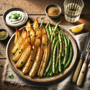 Een rustiek opgemaakt bord met dikke plakken gekookte pastinaak, sperziebonen en krokant gebakken geraspte pastinaak, geserveerd op een houten tafel met een frisse yoghurtdressing en een glas witte wijn.