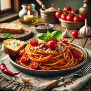 Een rustieke houten tafel met een bord pittige Italiaanse spaghetti. De pasta is bedekt met een felrode saus van chili, knoflook en cherrytomaten, en gegarneerd met verse basilicum en geraspte Parmezaanse kaas. Een vork is in de spaghetti gedraaid en er ligt een sneetje knapperig brood naast. De achtergrond toont een gezellige Italiaanse keuken met warme verlichting.