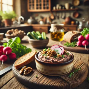 Een rustieke houten tafel met een klein kommetje rettich-walnoottapenade, romig en grof van textuur met een lichtroze tint. De tapenade is gegarneerd met gehakte walnoten en verse kruiden. Ernaast liggen sneetjes rustiek brood en rauwkostgroenten. De achtergrond toont een gezellige keuken met warme, natuurlijke verlichting.