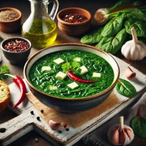 Groene soep met snijbiet en koriander, geserveerd met kaasblokjes en brood op een houten tafel, omringd door verse ingrediënten en keukengerei.