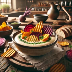 Een rustieke houten tafel met een kom romige soep van geroosterde pastinaak, licht beige van kleur, gegarneerd met kleurrijke groentechips van biet, zoete aardappel en pastinaak. De soep is afgewerkt met een swirl room en verse kruiden. Geserveerd in een keramische kom met een snee rustiek brood erbij. De achtergrond toont een knusse keuken met warme, natuurlijke verlichting.