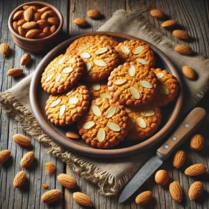 Een rustieke oude houten tafel met een bord goudbruine speculaaskoekjes, afgewerkt met amandelschaafsel en een licht gebarsten textuur. Rondom liggen enkele losse amandelen voor een traditionele uitstraling.