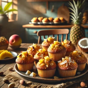 Een rustieke houten tafel met een schaal tropische notenmuffins, goudbruin van kleur en gegarneerd met gehakte tropische noten en een lichte glazuurlaag. In en rond de muffins zijn kokosvlokken, ananasstukjes en macadamianoten zichtbaar. Geserveerd op een keramisch bord met wat verspreide tropische vruchten. De achtergrond toont een zonnige keuken met een tropisch tintje.