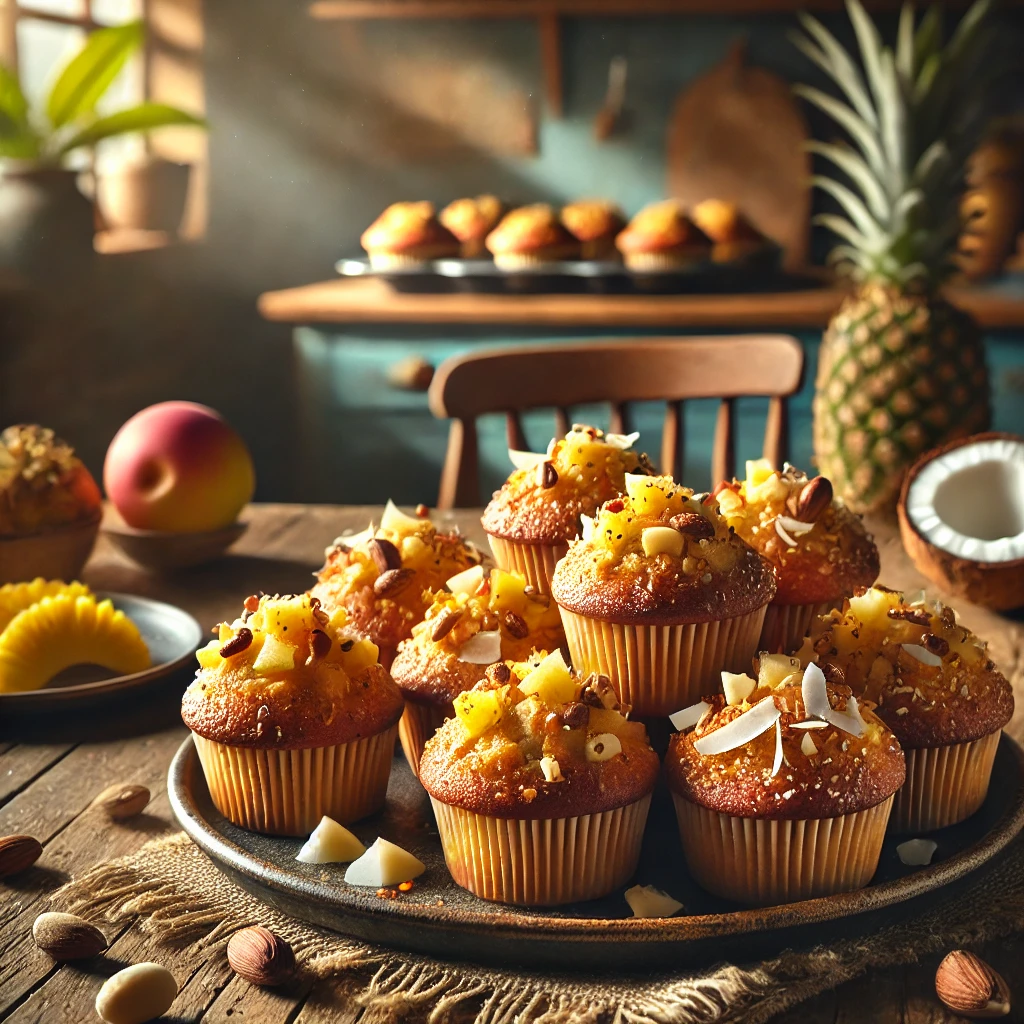 Een rustieke houten tafel met een schaal tropische notenmuffins, goudbruin van kleur en gegarneerd met gehakte tropische noten en een lichte glazuurlaag. In en rond de muffins zijn kokosvlokken, ananasstukjes en macadamianoten zichtbaar. Geserveerd op een keramisch bord met wat verspreide tropische vruchten. De achtergrond toont een zonnige keuken met een tropisch tintje.