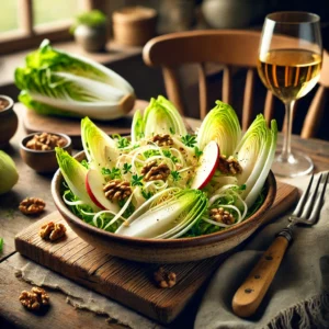 Een rustieke houten tafel met een frisse witlofsalade, bestaande uit dun gesneden witlof, in julienne gesneden rettich en schijfjes appel. De salade is licht aangemaakt en gegarneerd met gehakte walnoten en verse kruiden. Geserveerd in een keramische kom met een houten saladevork. Ernaast staat een glas witte wijn. De achtergrond toont een knusse keuken met zachte, natuurlijke verlichting.