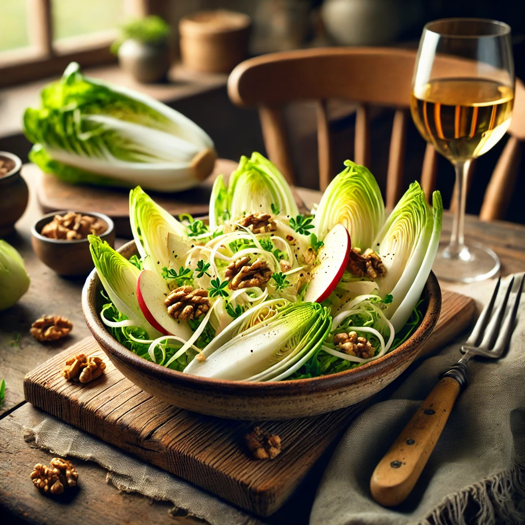 Een rustieke houten tafel met een frisse witlofsalade, bestaande uit dun gesneden witlof, in julienne gesneden rettich en schijfjes appel. De salade is licht aangemaakt en gegarneerd met gehakte walnoten en verse kruiden. Geserveerd in een keramische kom met een houten saladevork. Ernaast staat een glas witte wijn. De achtergrond toont een knusse keuken met zachte, natuurlijke verlichting.