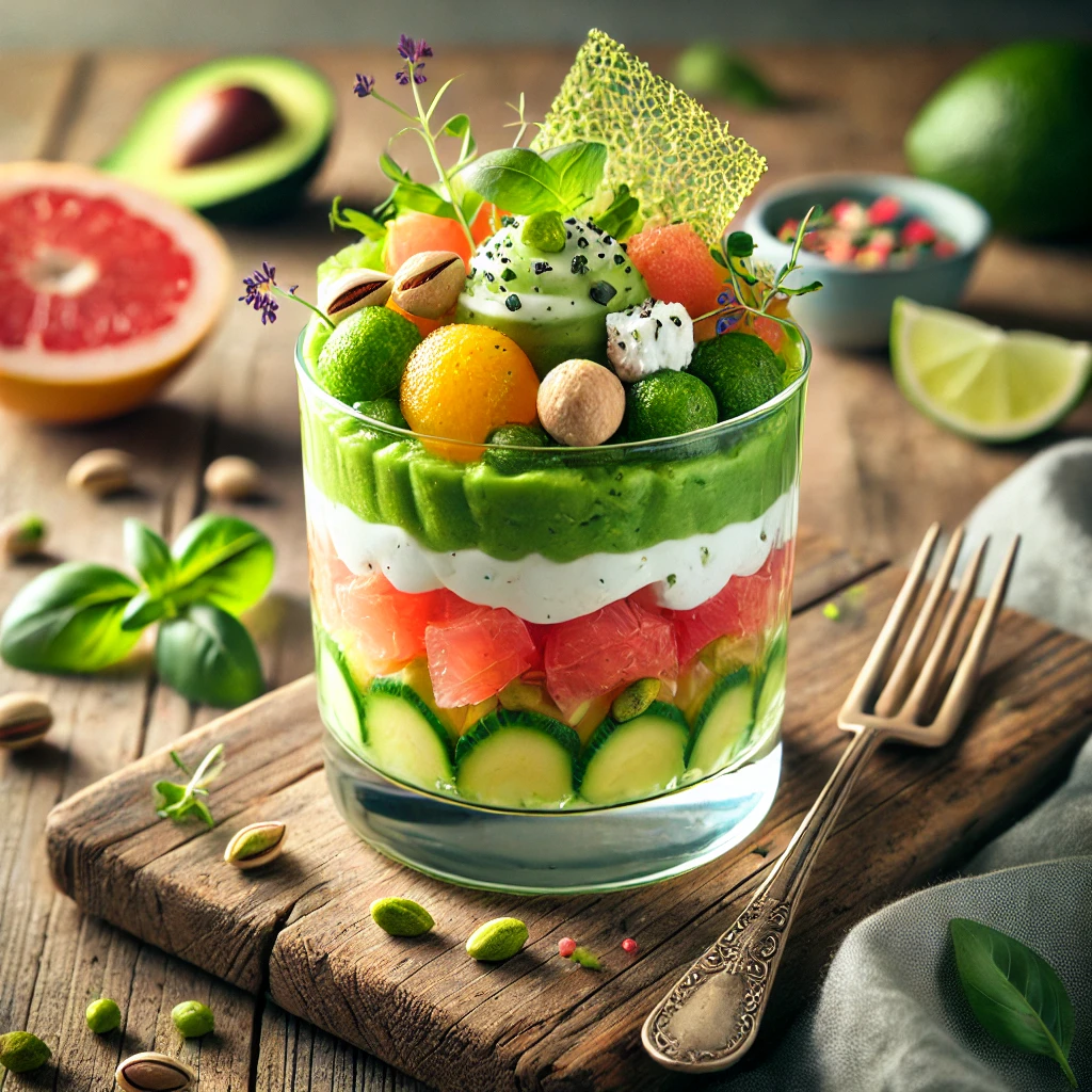 Luxe avocadomousse met komkommer, meloen, grapefruit, cottage cheese en knapperige toppings – een zomers voorgerecht of lichte lunch boordevol frisse smaken, perfect als feestelijke vegetarische verrassing.