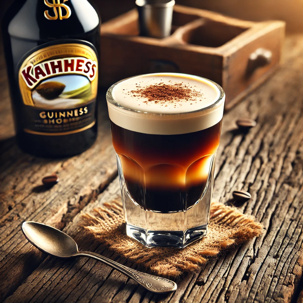 Een rustieke oude houten tafel met een Baby Guinness shooter in een helder shotglas. De likeur is mooi gelaagd: onderaan donkerbruine Kahlua en bovenop een roomkleurige laag Baileys. Een theelepel ligt ernaast in sfeervolle barverlichting.