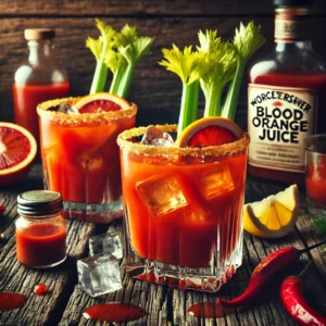 Een rustieke oude houten tafel met whiskeyglazen gevuld met een frisse cocktail van bloedsinaasappel- en tomatensap. De glazen zijn gegarneerd met stengels bleekselderij en schijfjes citroen, en gevuld met ijsblokjes. Ernaast staan flesjes Worcestershiresaus en chilisaus.