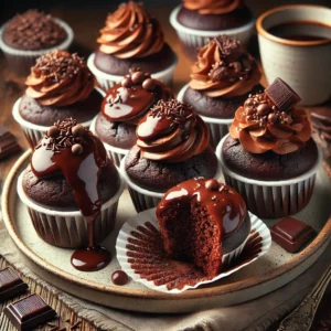 Luchtige chocolade cakejes met rijke chocoladesaus en sprinkles – een onweerstaanbare traktatie voor bij de koffie, perfect als zoete snack voor elke gelegenheid.