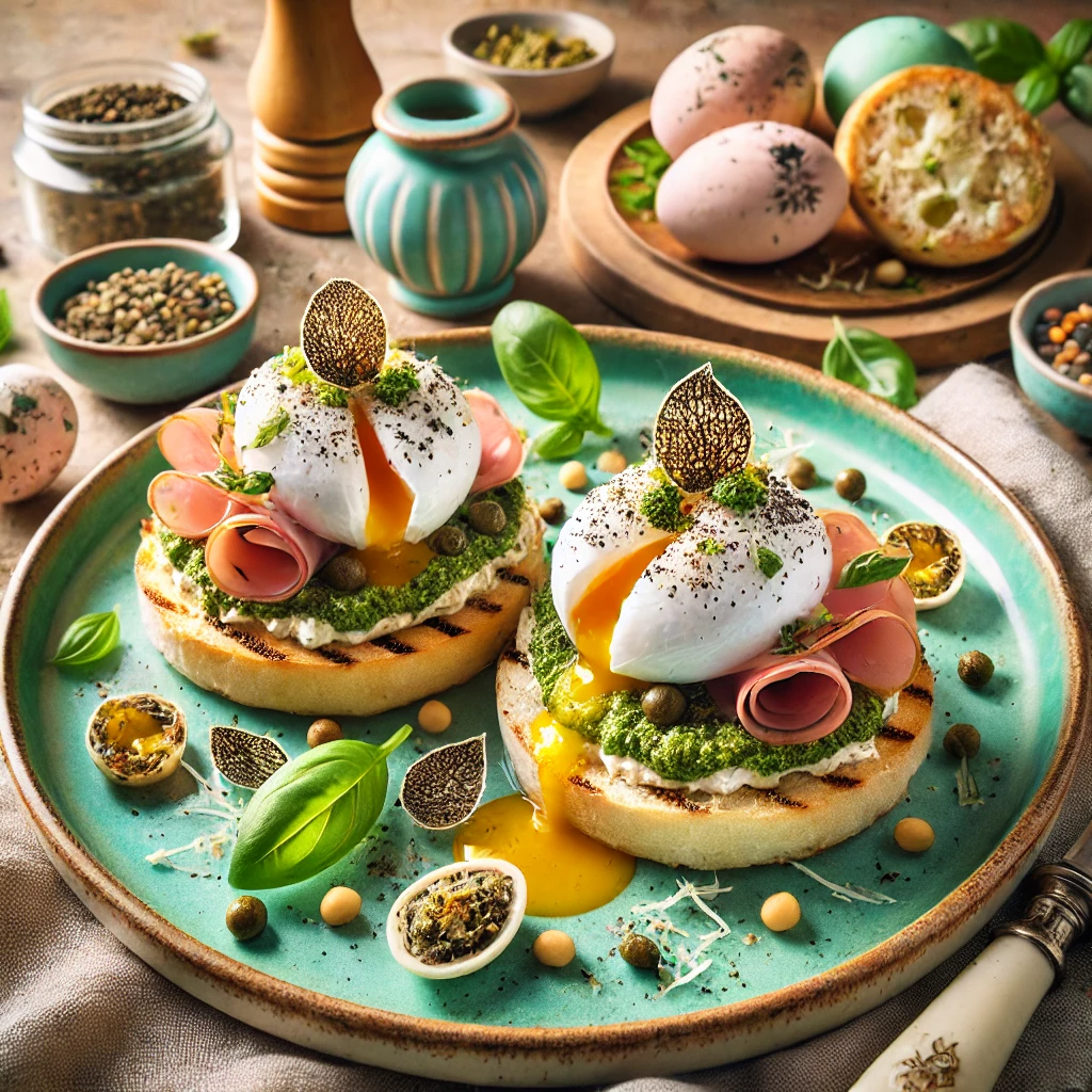 Eggs Benedict met rosbief, gepocheerd ei, pesto en pijnboompitten op een geroosterd broodje met basilicum