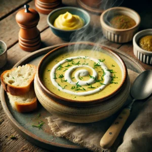 Romige preisoep met mosterd en aardappel, geserveerd met boerenbrood – een verwarmend en smaakvol soeprecept voor koude dagen, eenvoudig vooraf te bereiden en perfect als comfort food met prei.