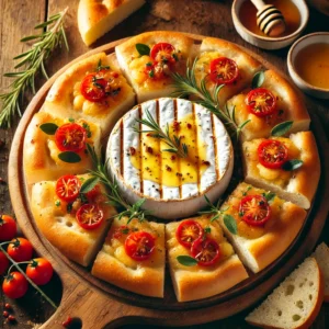 Focaccia borrelplank met gesmolten camembert, honing, chilivlokken en bruschetta van honingtomaten – feestelijk borrelhapje op houten plank.