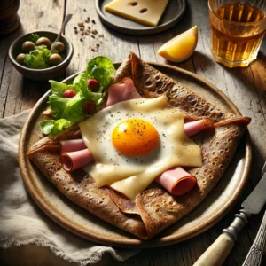Authentieke Franse galette van boekweitmeel met ham, gesmolten Emmentaler en een spiegelei in het midden, geserveerd op een rustieke houten tafel met een frisse salade en een glas cider – een smaakvolle glutenvrije maaltijd in Franse stijl.