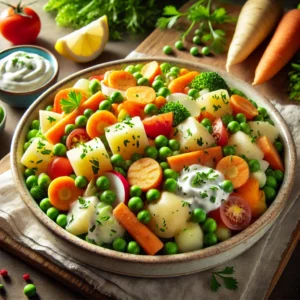 Groentesalade met doperwten, wortel en aardappel, gemengd met romige dressing van kwark en mayonaise, geserveerd op een houten tafel.