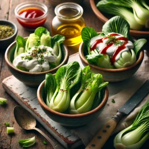 Drie kleurrijke paksoisalades met verschillende dressings – op basis van kwark, olie en yoghurt – geserveerd in kleine kommetjes op een rustieke houten tafel, met verse kruiden en citroen als garnering voor een frisse en gezonde start van de maaltijd.