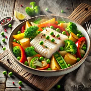 Kleurrijke roerbak met vis en groenten, met tilapiafilet, broccoli, paprika, doperwten en aardappelpartjes, licht gebakken en geserveerd op een rustieke houten tafel – snelle zomerse maaltijd boordevol smaak.