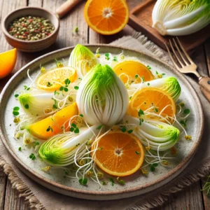 Witlofsalade met partjes sinaasappel en knapperige taugé, geserveerd op een bord – licht en fris bijgerecht, perfect voor lente of zomer.