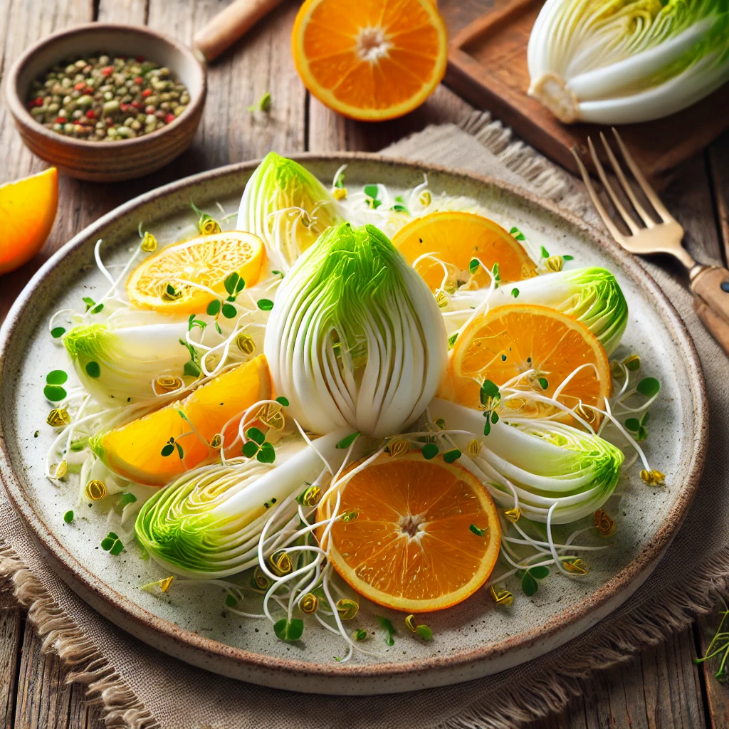 Witlofsalade met partjes sinaasappel en knapperige taugé, geserveerd op een bord – licht en fris bijgerecht, perfect voor lente of zomer.