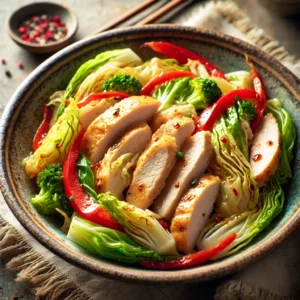 Gezonde wokschotel met kalkoenfilet, spitskool en paprika, roergebakken in een marinade van gember, ketjap en sambal – kleurrijk en snel gerecht geserveerd op een rustieke houten tafel.