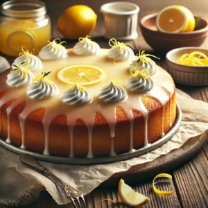 Frisse yoghurtcake gegarneerd met citroensiroop, slagroom en reepjes citroenschil, geserveerd op een schaal.