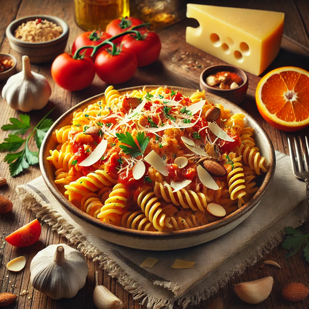 Kom met fusilli in een romige tomaten-amandelsaus met paprika en ui, gegarneerd met gehakte amandelen, geraspte manchego en verse peterselie, geserveerd met sinaasappelpartjes en kruiden op een houten tafe