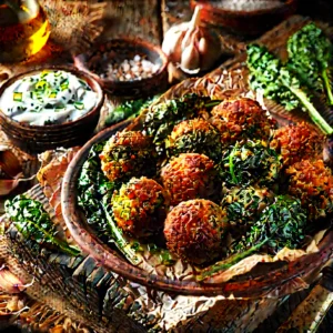 Krokant gefrituurde groenteballetjes van snijbiet en oud brood, geserveerd met yoghurtdip op een rustiek bord – vegetarisch borrelhapje met knoflook en kruiden.