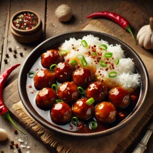 Een rustieke oude houten tafel met gehaktballen in een glanzende, donkere ketjapsaus. De gehaktballen zijn goudbruin en liggen in een diepe schaal, geserveerd met witte rijst en gegarneerd met ringetjes lente-ui en rode peper.