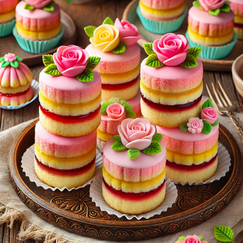 Vrolijke laagjescakejes met roze en gele biscuit, gevuld met jam en afgewerkt met marsepeinen roosjes – een kleurrijk en feestelijk bakidee voor verjaardagen, high tea of gezellige feestmomenten.