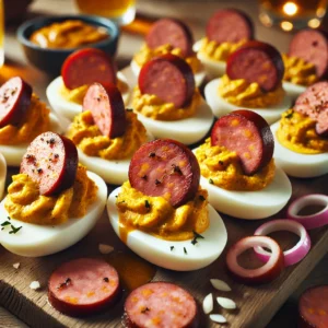 Gevulde eieren met curry-mayonaise, plakjes frikandel, gesnipperde ui en extra saus, feestelijk gepresenteerd op houten plank – ludiek Nederlands borrelhapje.