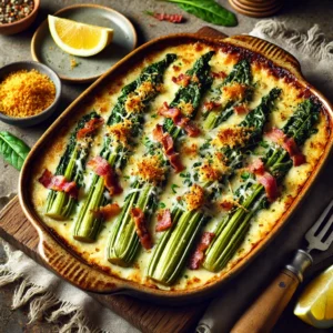 Ovengebakken gratin van snijbietstelen met spek en gesmolten Scamorza, bestrooid met citroenrasp en knapperig broodkruim – geserveerd in rustieke ovenschaal.