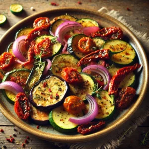 Kleurrijke groentemix met aubergine, courgette, ui en zongedroogde tomaatjes, licht gebakken met oregano – gezond bijgerecht op houten tafel geserveerd