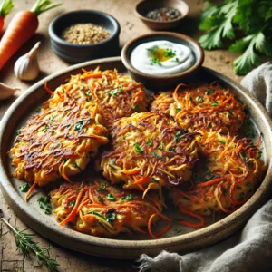 Krokant gebakken groentekoekjes met wortel, pastinaak en selderij – een voedzaam bijgerecht of hartige snack, ideaal met een frisse yoghurt-dip of salade voor een gezonde lunch of lichte maaltijd.