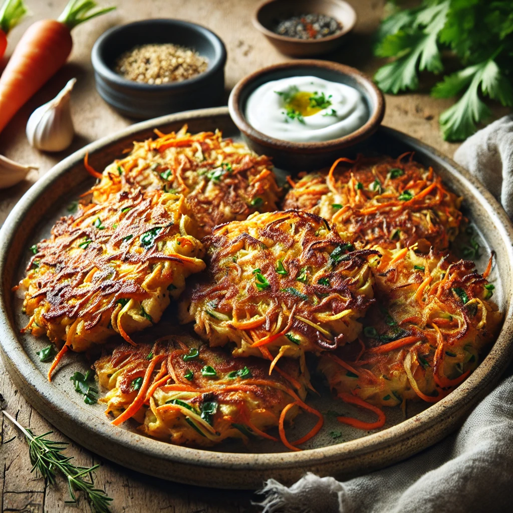 Krokant gebakken groentekoekjes met wortel, pastinaak en selderij – een voedzaam bijgerecht of hartige snack, ideaal met een frisse yoghurt-dip of salade voor een gezonde lunch of lichte maaltijd.
